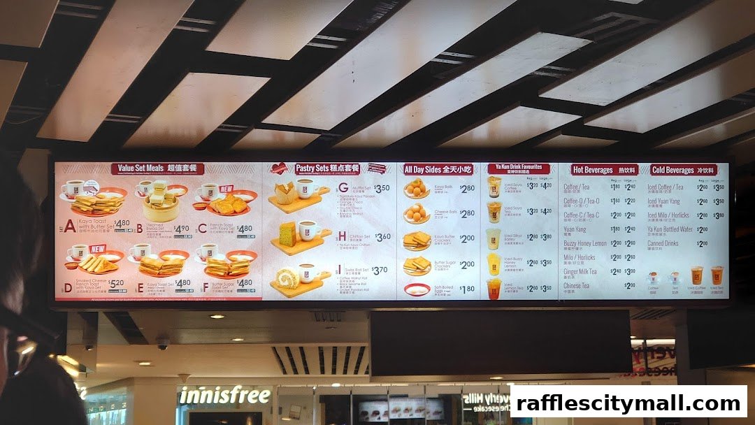 A digital menu board displaying various set meals, pastries, sides, and drinks from Ya Kun Kaya Toast.