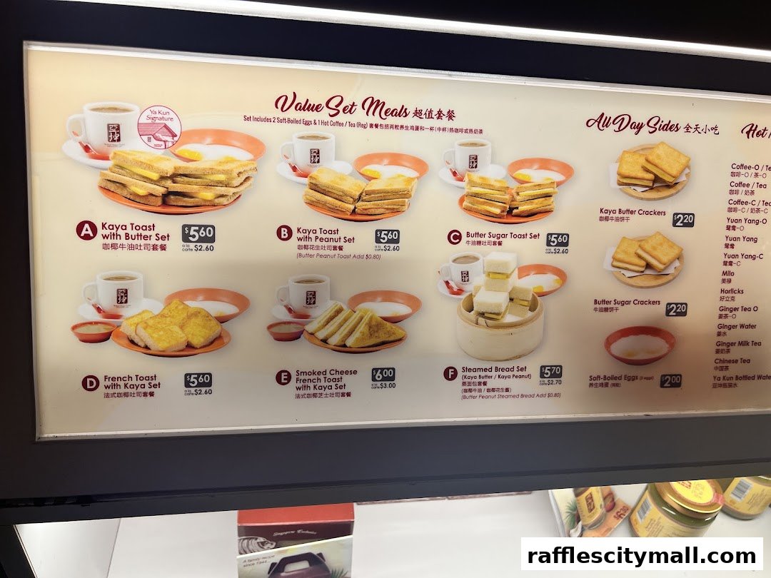 A menu board displaying various set meals and side dishes from Ya Kun Kaya Toast.