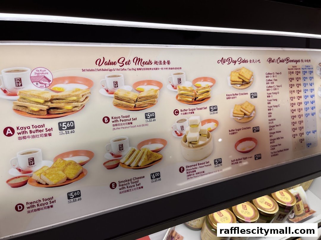 A menu board displaying various set meals, sides, and beverages from Ya Kun Kaya Toast.