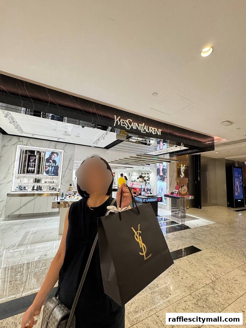 A person holds a YSL shopping bag in front of the YSL Beauty store.