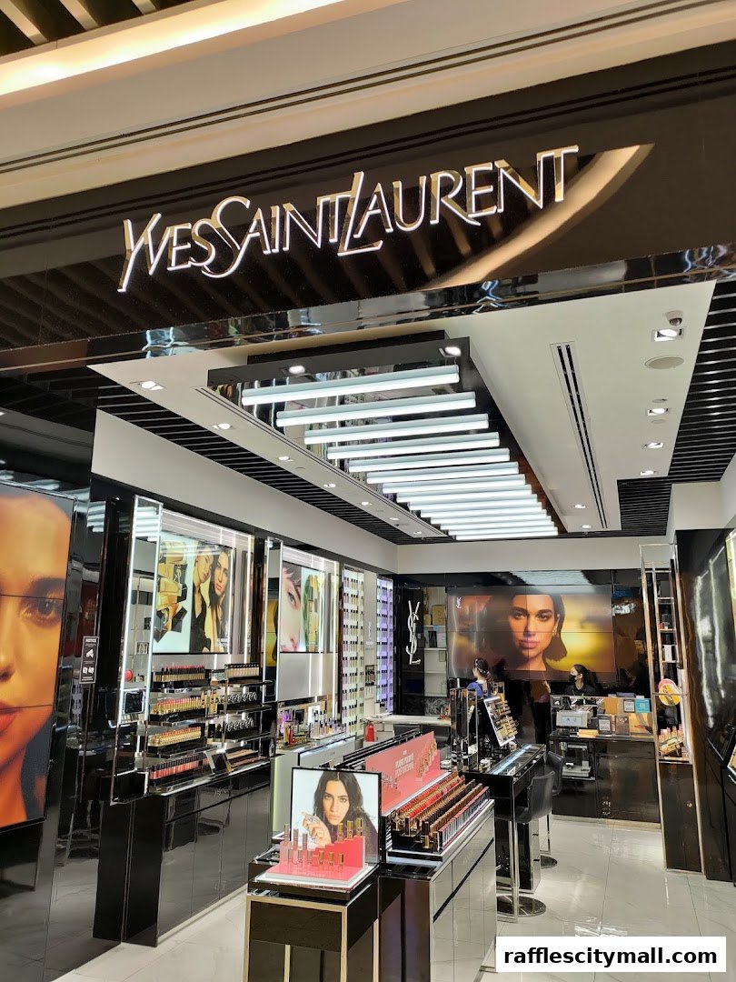 Interior view of a YSL Beauty store showcasing makeup products and displays.