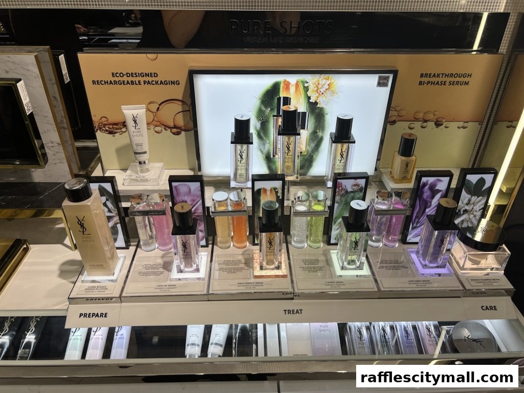 A display of YSL Pure Shots skincare products, featuring serums and creams.