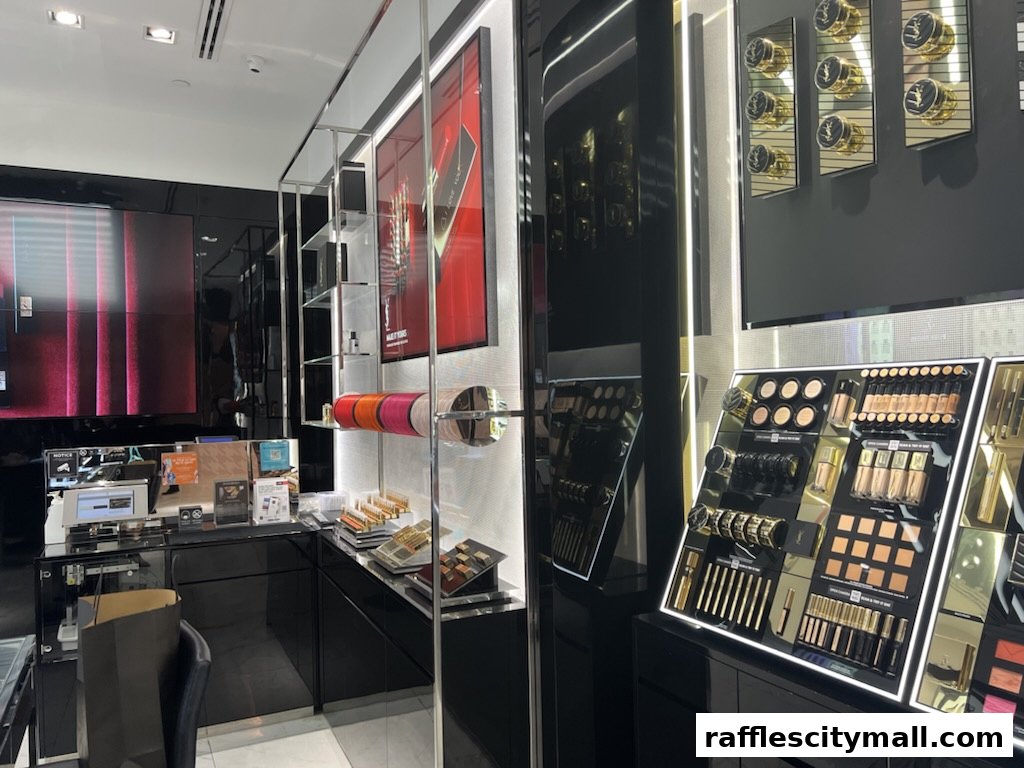 Interior view of a YSL Beauty store showcasing makeup products and displays.