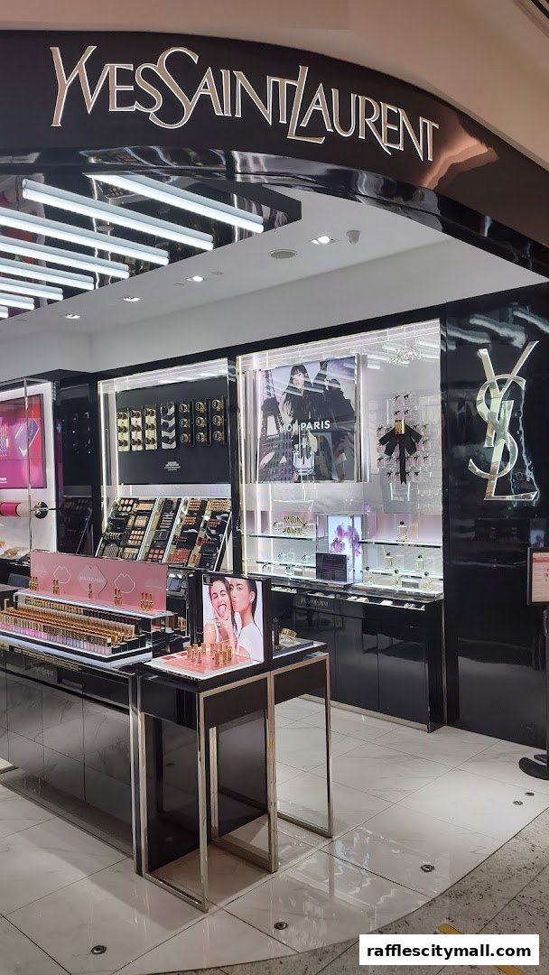 The YSL Beauty store features a sleek display of makeup and fragrances with prominent branding.