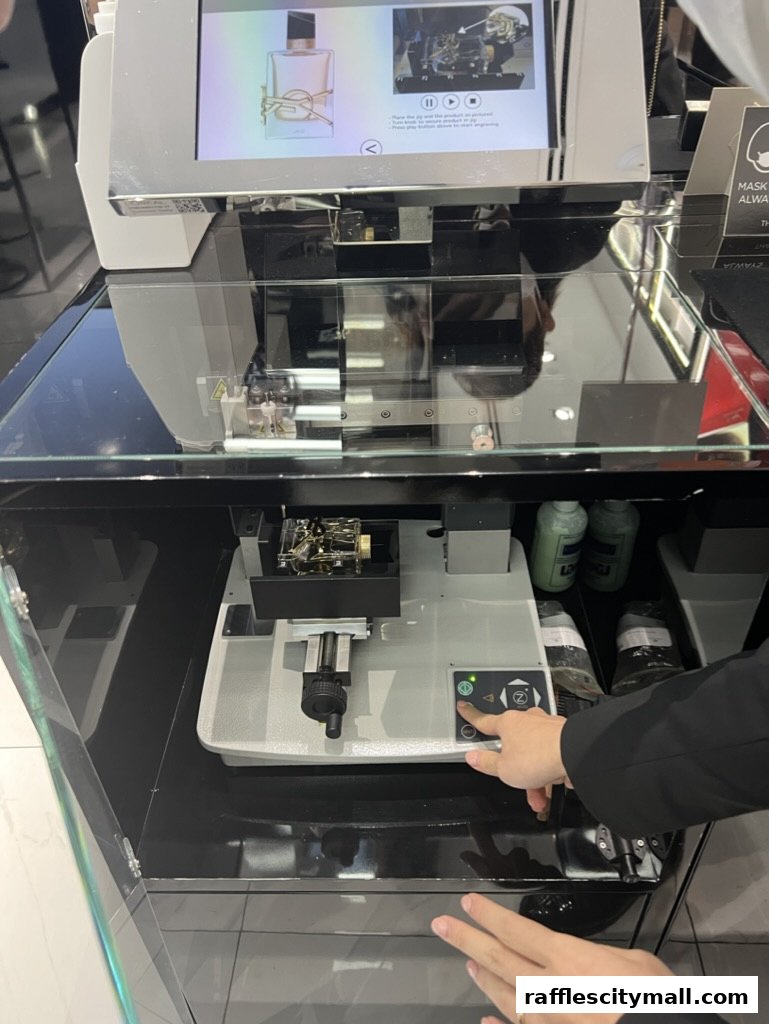 A close-up of a perfume bottle engraving machine with instructions on a screen.
