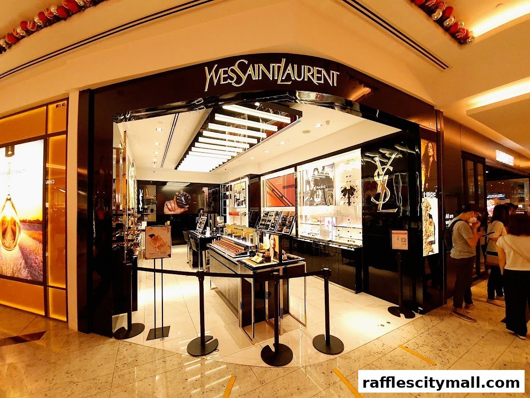 The YSL Beauty store entrance showcases makeup displays and the iconic YSL logo.