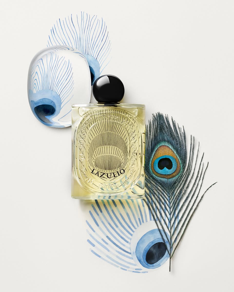 Close-up of Diptyque Lazulio perfume bottle showcasing intricate details.