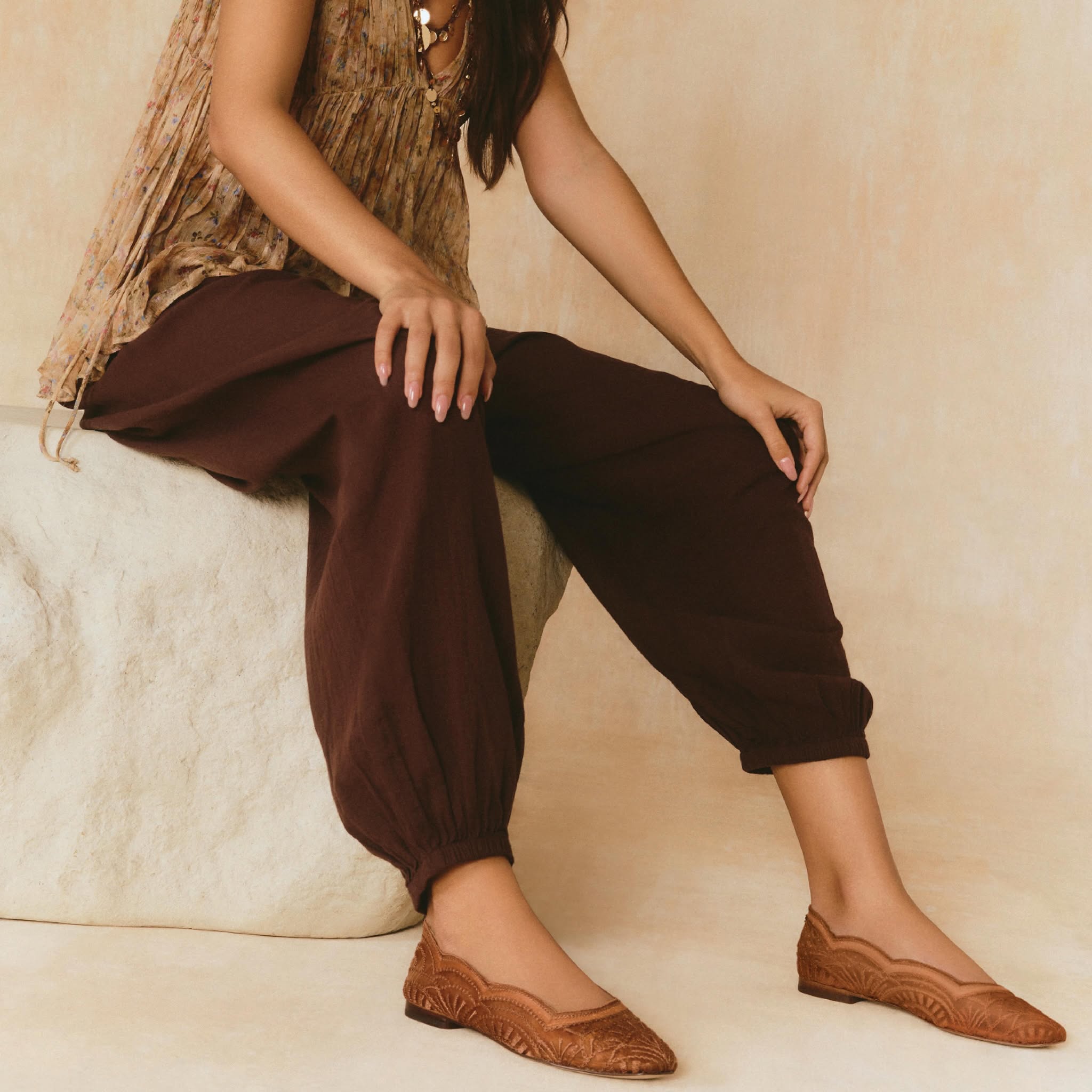 Sam Edelman Au Soleil collection loose-fit trousers and tan ballet flats at Raffles City 02-27